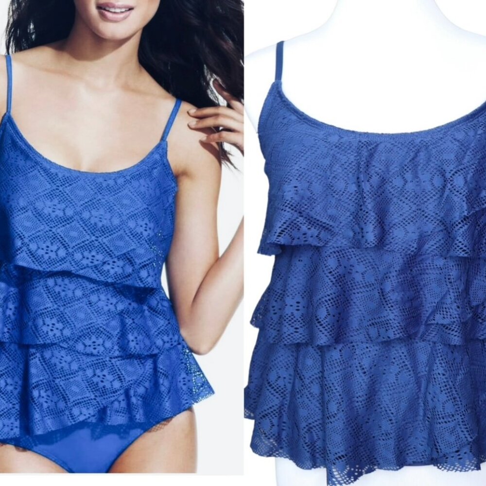 Jones New York Blue Lace Triple Ruffle Tankini Swim Top 12 Feminine Romantic